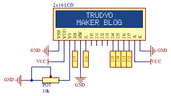 Trudyo 2x16 LCD Ekran Bağlantı Şeması D Portu