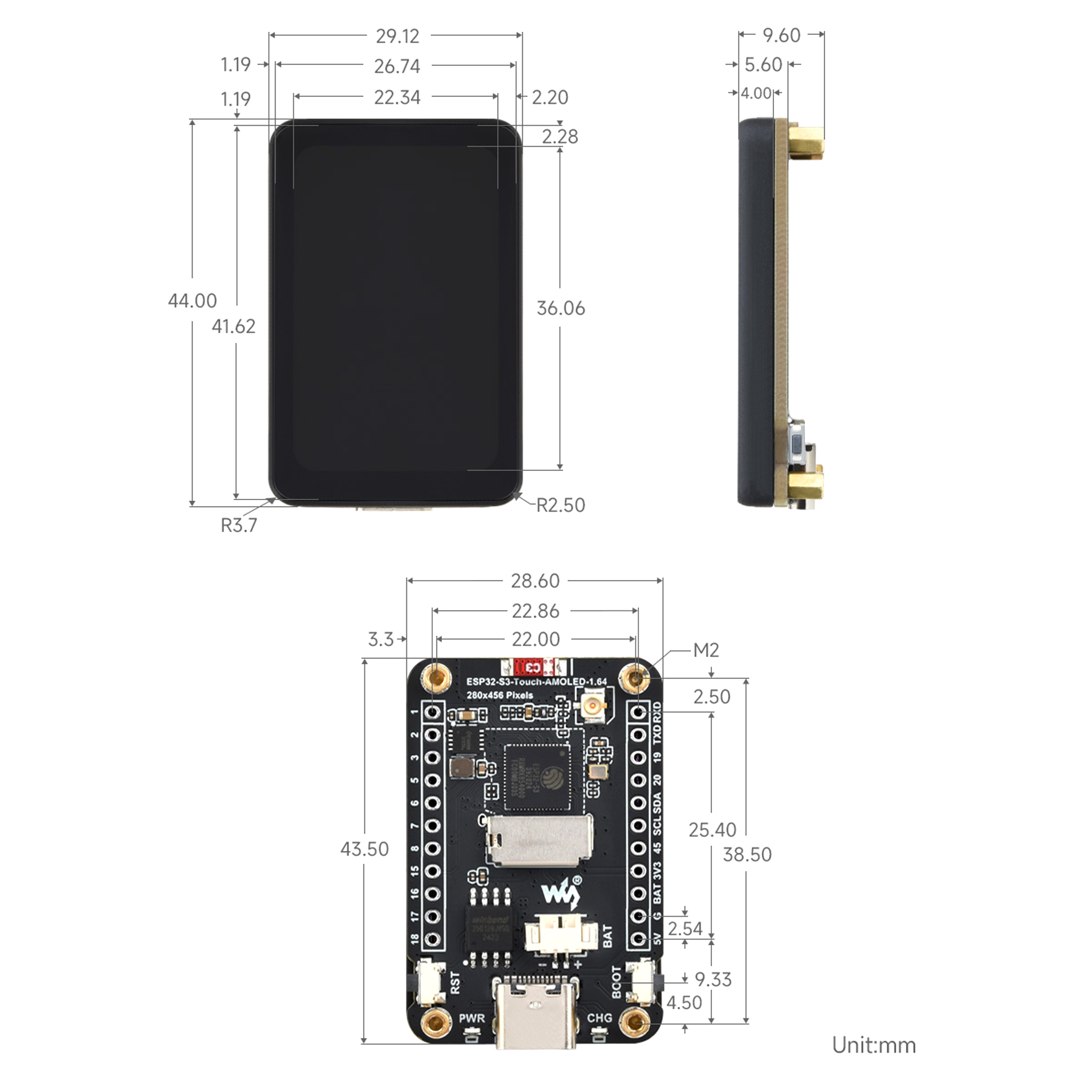 ESP32-S3 1.64 inç AMOLED Dokunmatik Ekranlı WiFi ve Bluetooth Geliştirme Kartı